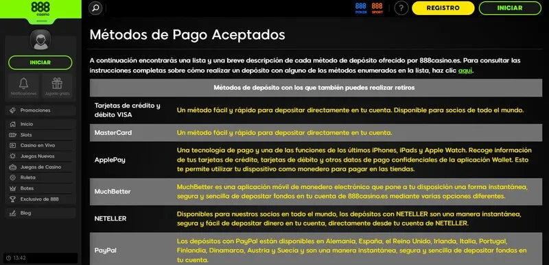 Cómo retirar en 888 Casino